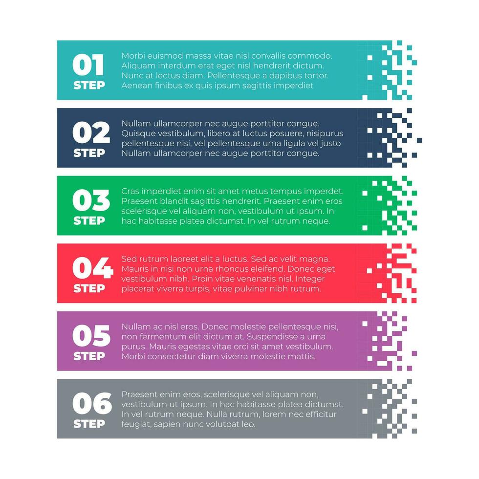 Option infographics. Pixel color banners with mosaic gradient, horizontal rectangular strips with 6 steps options. Business infographic vector template