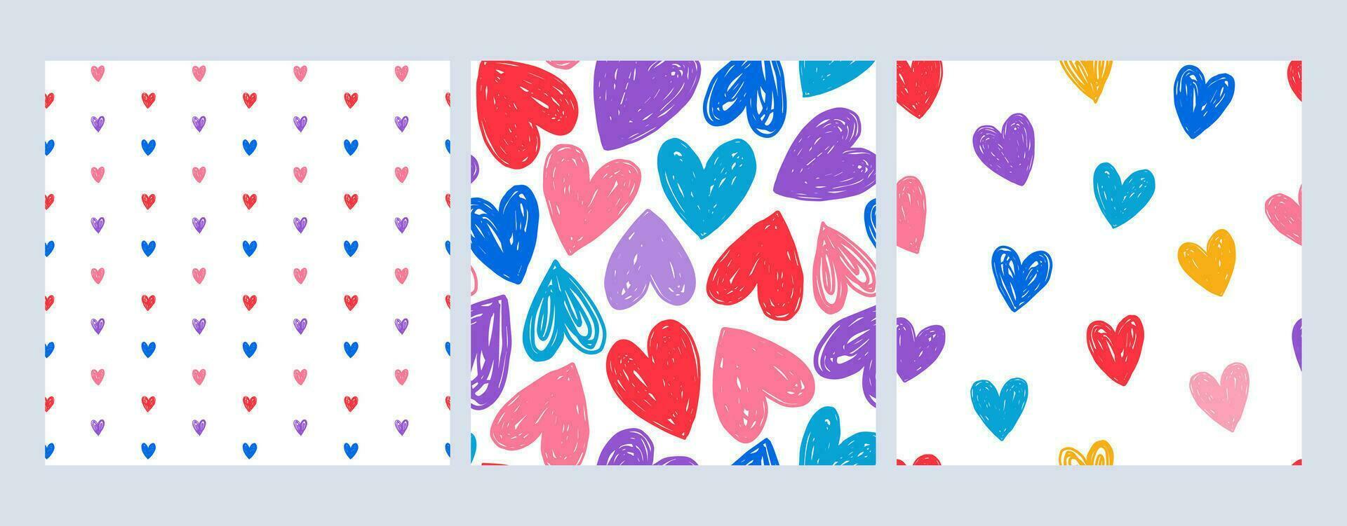 Hand drawn heart seamless pattern. Colorful doodle love background, simple abstract brush print, kids sketch design. Valentine romantic marker ornament hearts. Vector texture