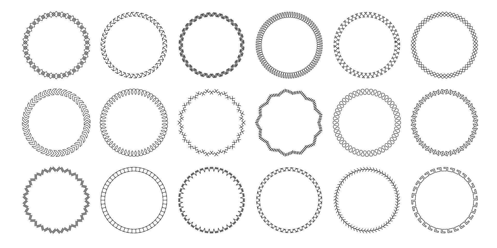 Sewing circle frames. Embroidery circular pattern borders, decorative stitched round design. Sew seams circles. Vintage sewing ring isolated vector set