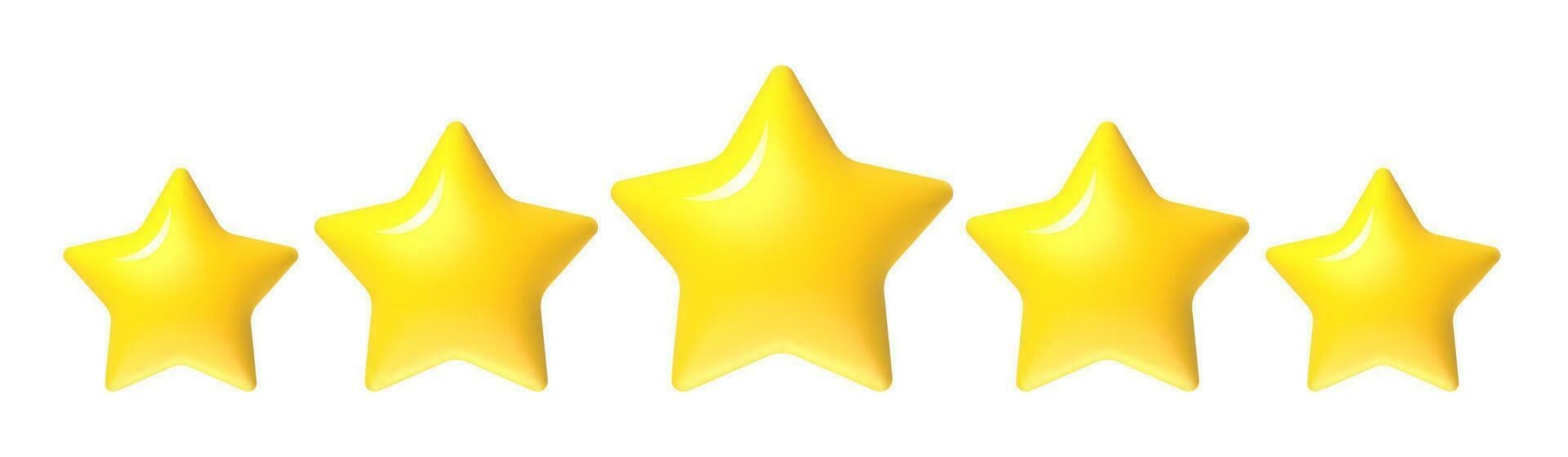 Five stars customer product rating. Yellow gold 5 star rank, user feedback rating. Client satisfaction review, premium product quality vector 3D icons