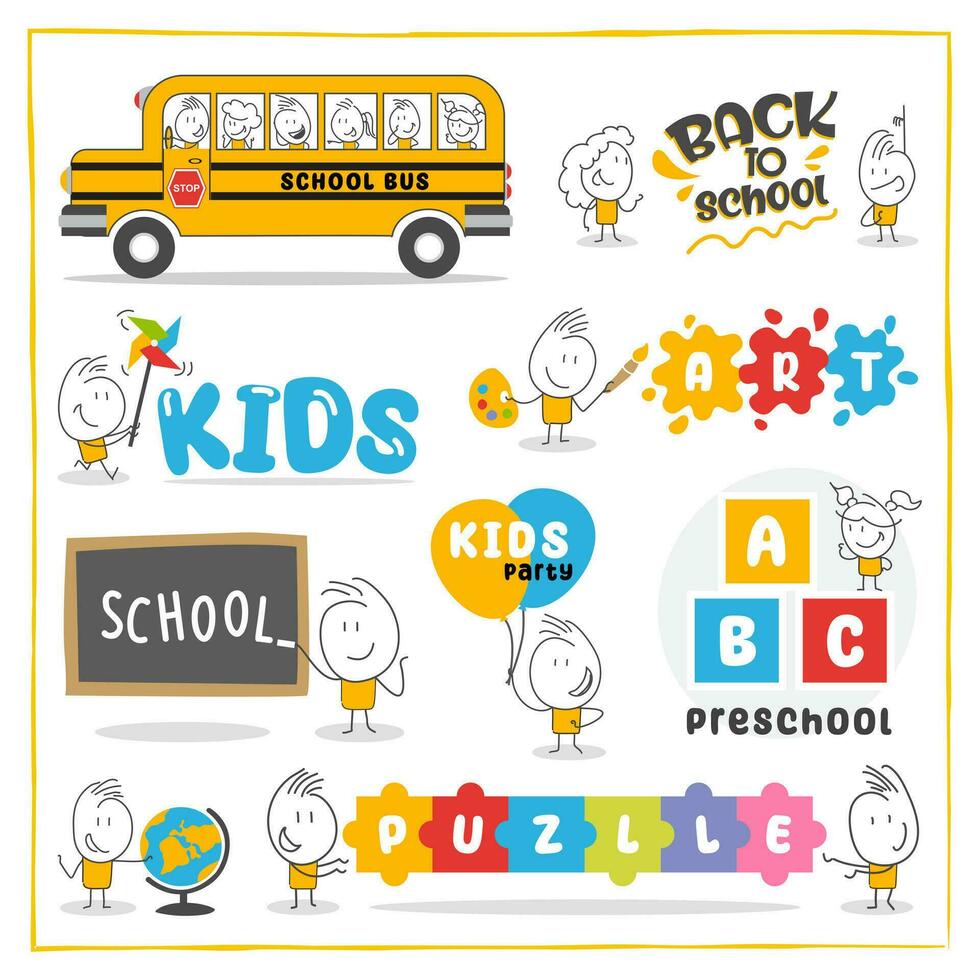 Stick figures. Education. Big collection. Hand drawn doodle line art cartoon design character. vector