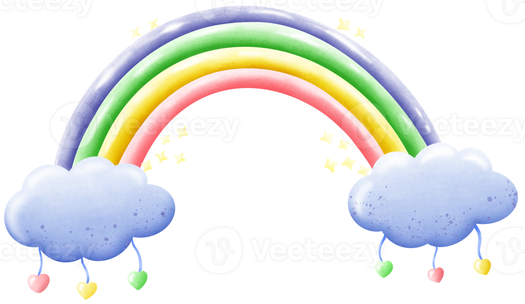 Multi-colored rainbows float in the sky decorated with hearts. png