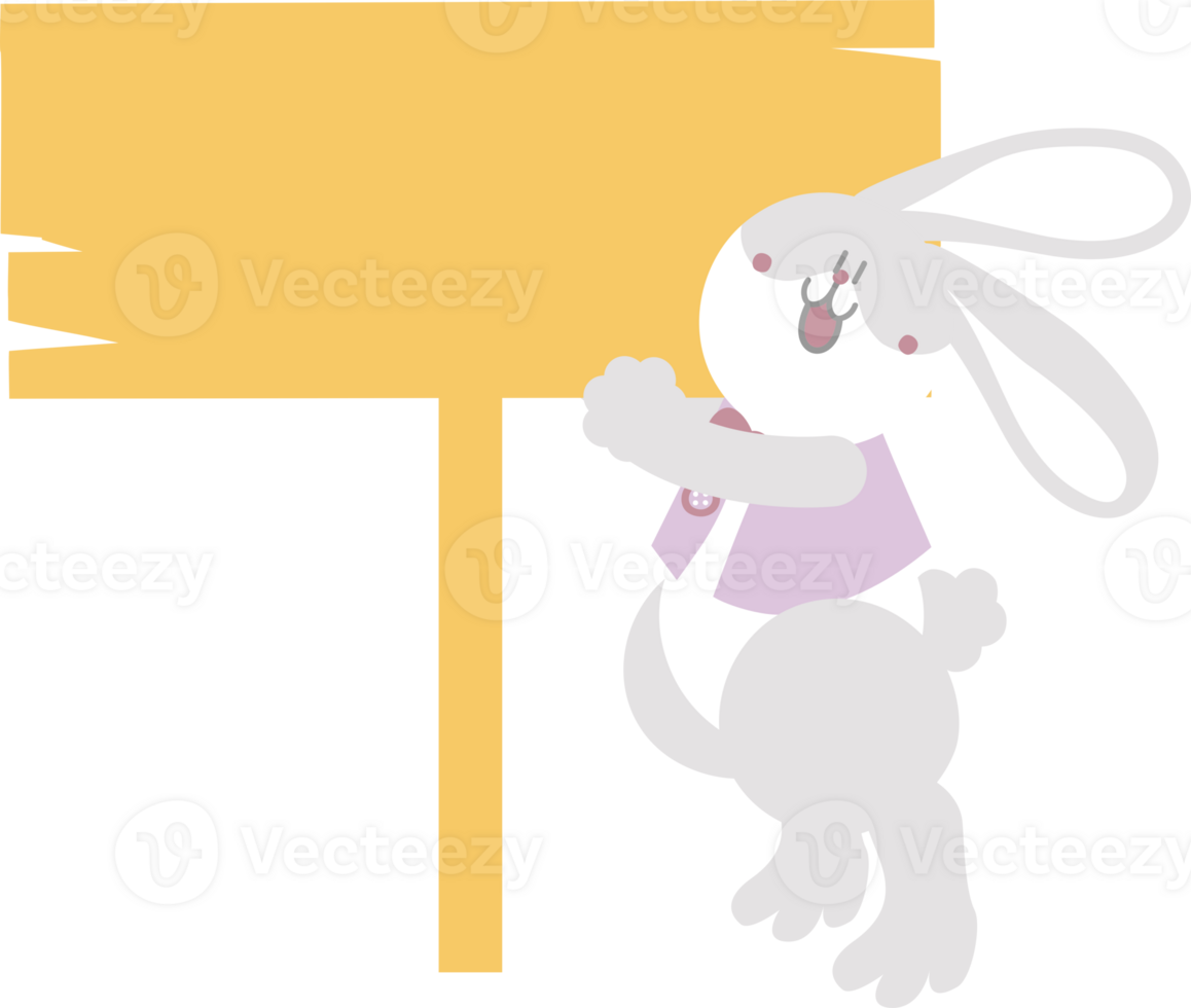 happy easter with bunny rabbit and blank sign banner, flat png transparent cartoon character design