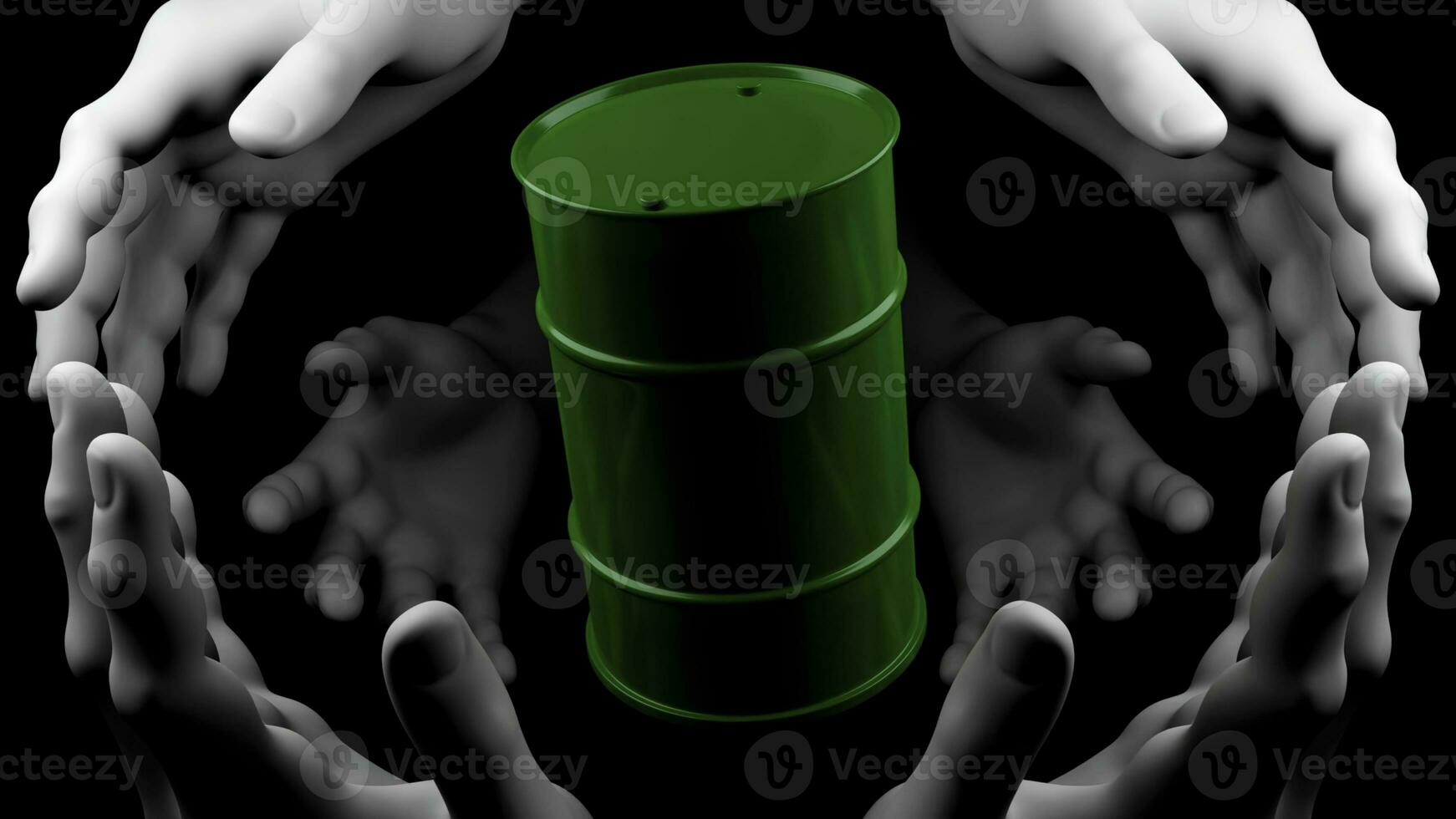 Philosophical background about the environment. Design. A black background on which white hands and harmful chemical elements are depicted in barrels in animation. photo