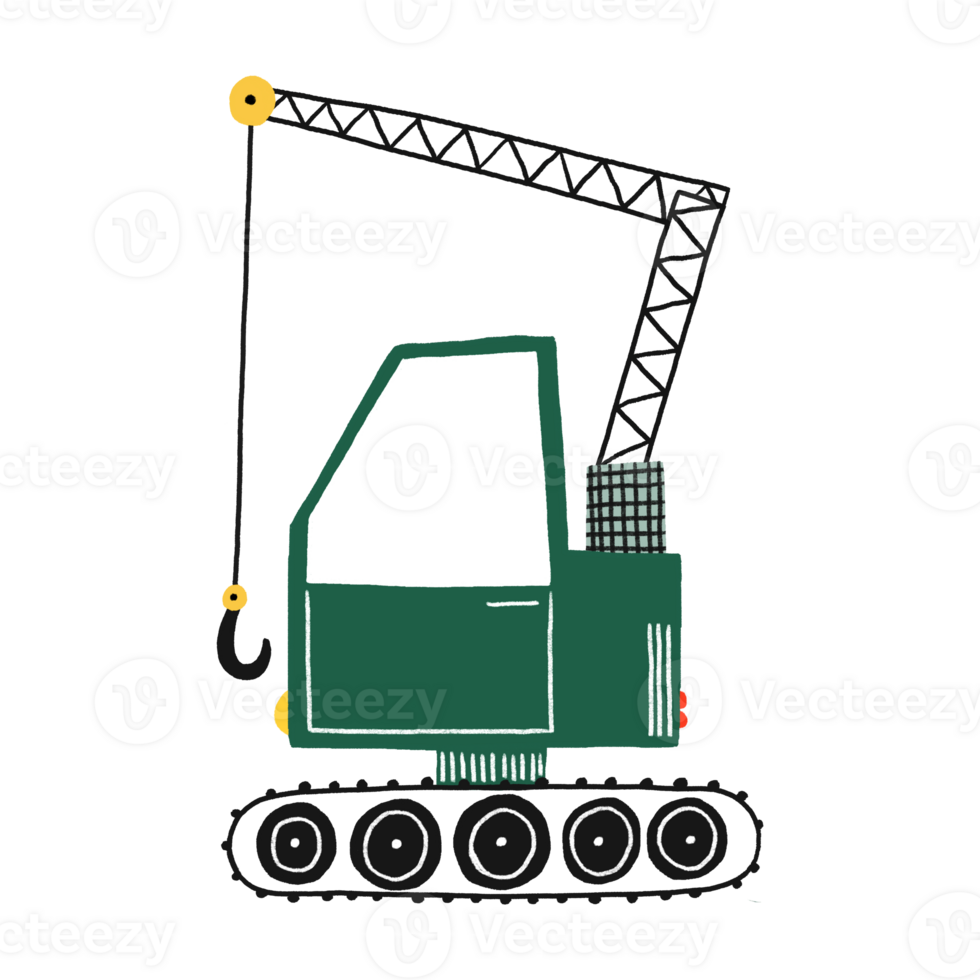Simple flat illustration of green lifting crane. Kids transport clipart. Lifting crane with hook. Hand drawn cute childish illustration on isolated background png