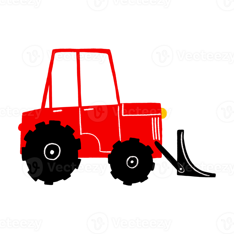 Red bulldozer heavy equipment. Tractor with bucket. Powerful red wheel hydraulic bulldozer with black bucket isolated. Children's hand drawn flat illustration of a car. png