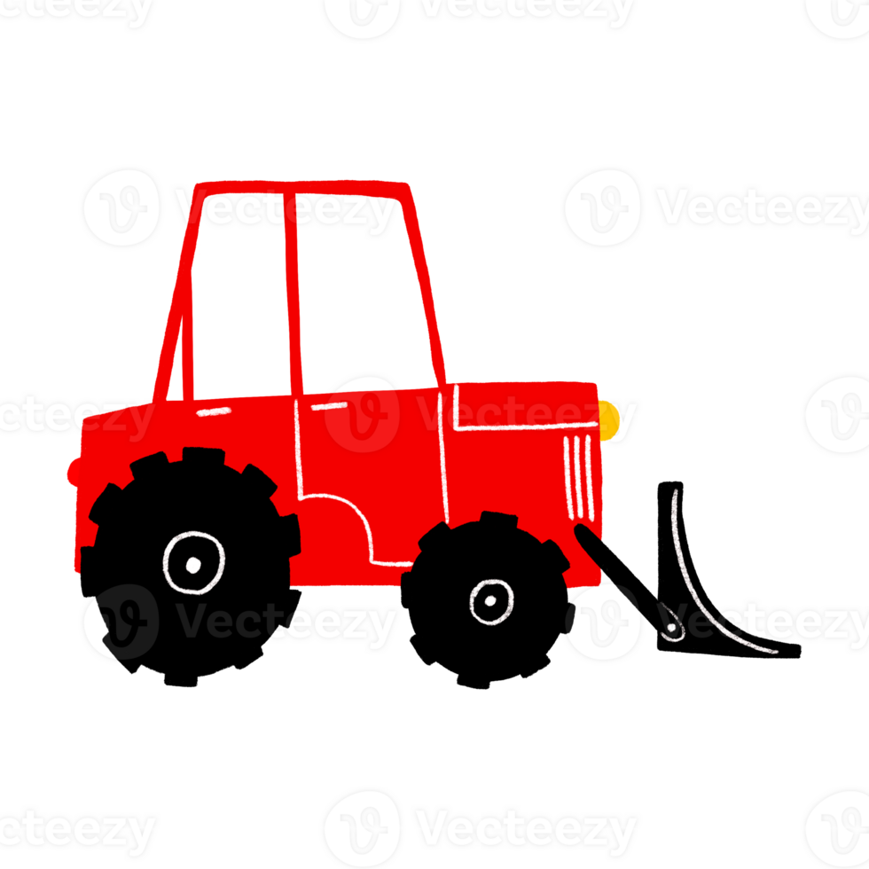 rood bulldozer zwaar apparatuur. trekker met emmer. krachtig rood wiel hydraulisch bulldozer met zwart emmer geïsoleerd. kinderen hand- getrokken vlak illustratie van een auto. png