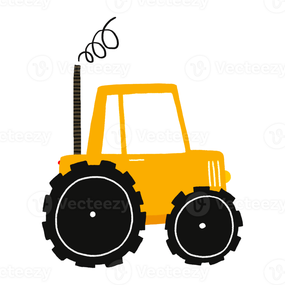 Hand drawn tractor on isolated background, flat isolated illustration of orange tractor. Illustration of farm transport. Design for children. Hand drawn cute childish illustration of car png