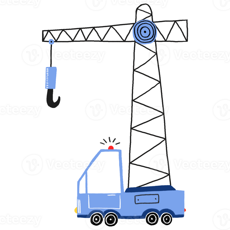 Simple flat illustration of blue lifting crane. Lifting crane with hook. Hand drawn cute childish illustration on isolated background png