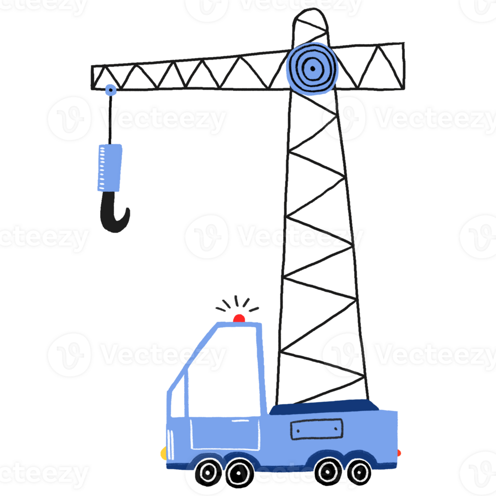 gemakkelijk vlak illustratie van blauw hijs- kraan. hijs- kraan met haak. hand- getrokken schattig kinderachtig illustratie Aan geïsoleerd achtergrond png