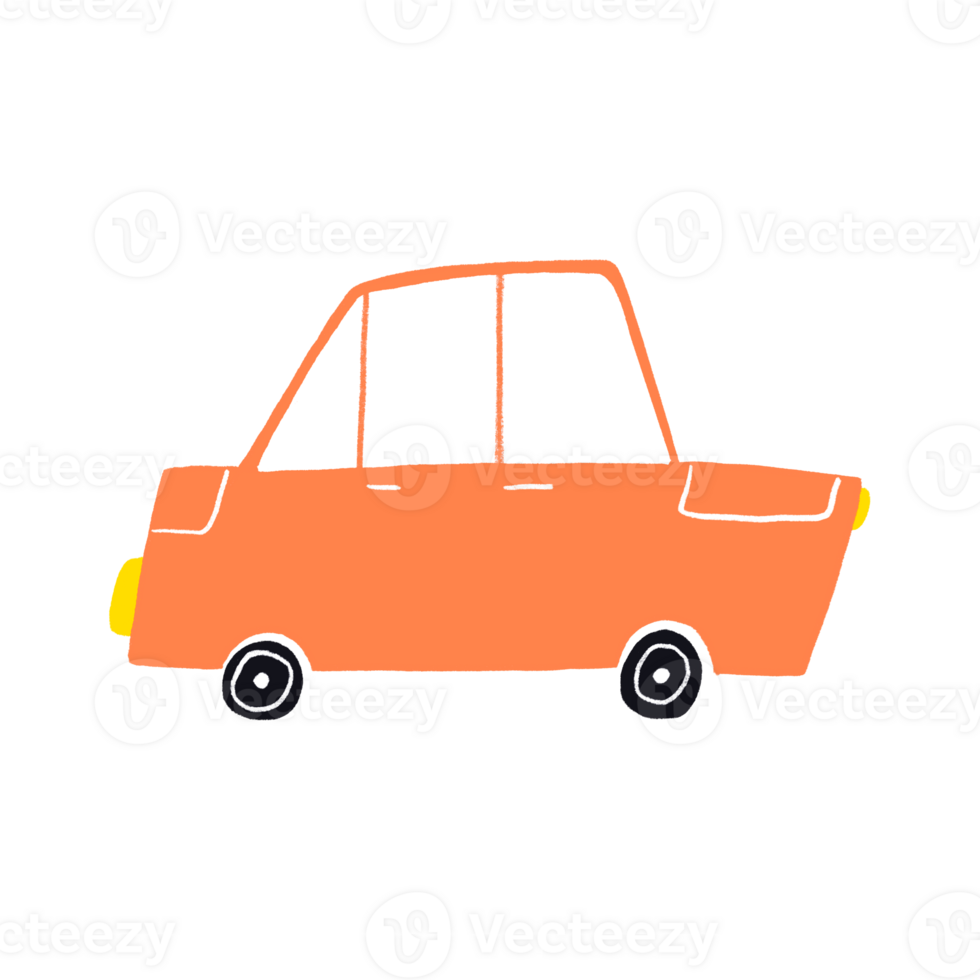 Hand drawn vehicles. Cute cars drawn in children's style. Passenger orange car. Transport in Scandinavian style, colourful public transport. png