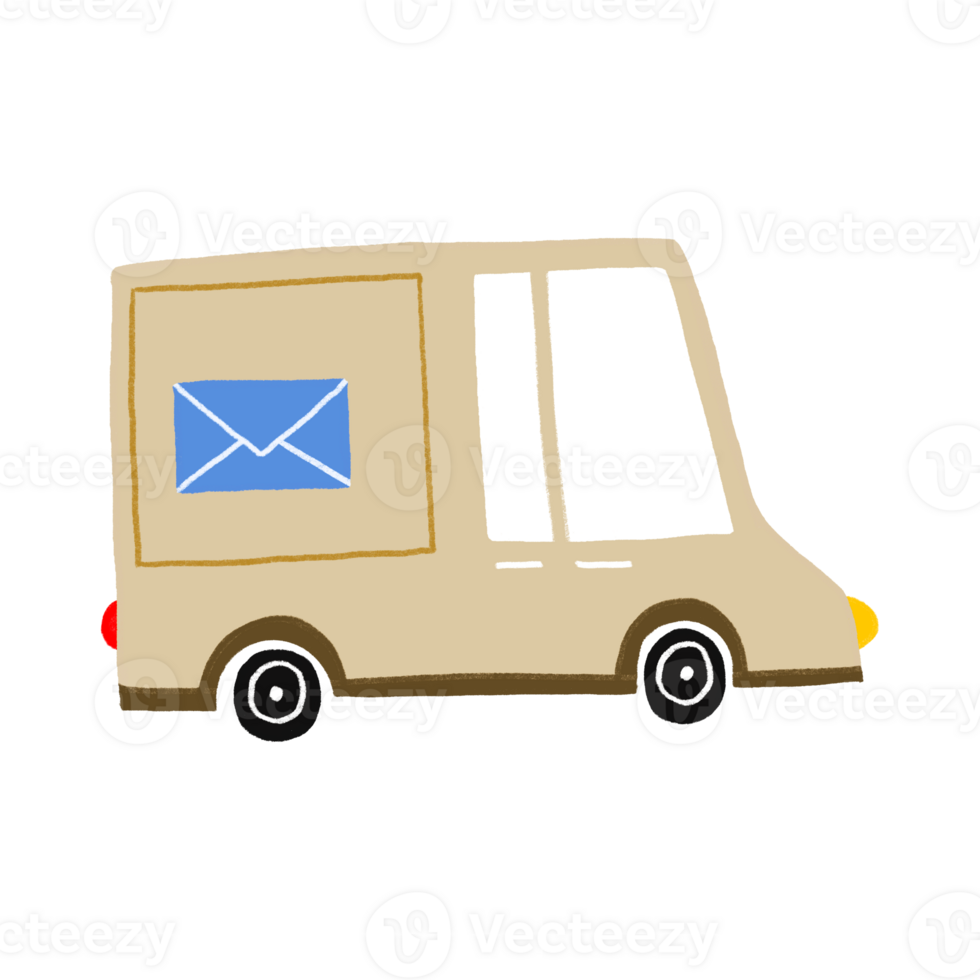 Delivery Van. Machine for delivering mail. hand drawn kids illustration on isolated background.  Cartoon postal car. png