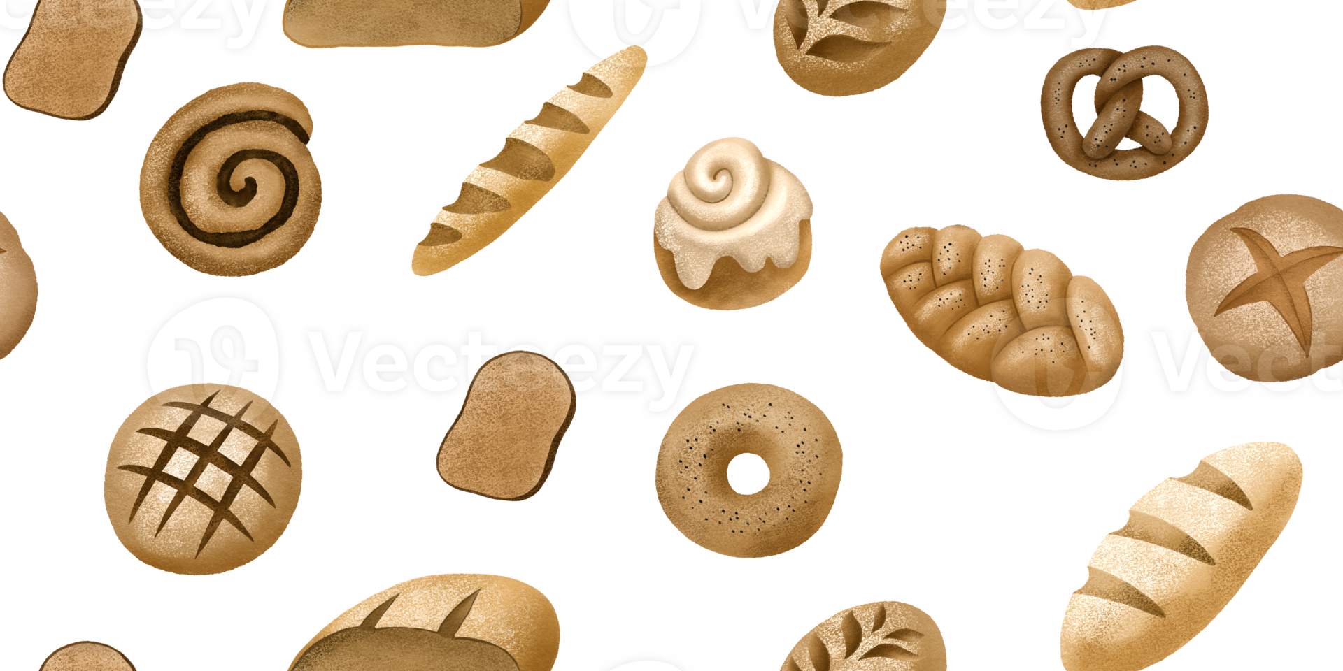Endless pattern with bread and bakery products. Baked goods background. Hand drawn fresh bakery pattern. Seamless background. png