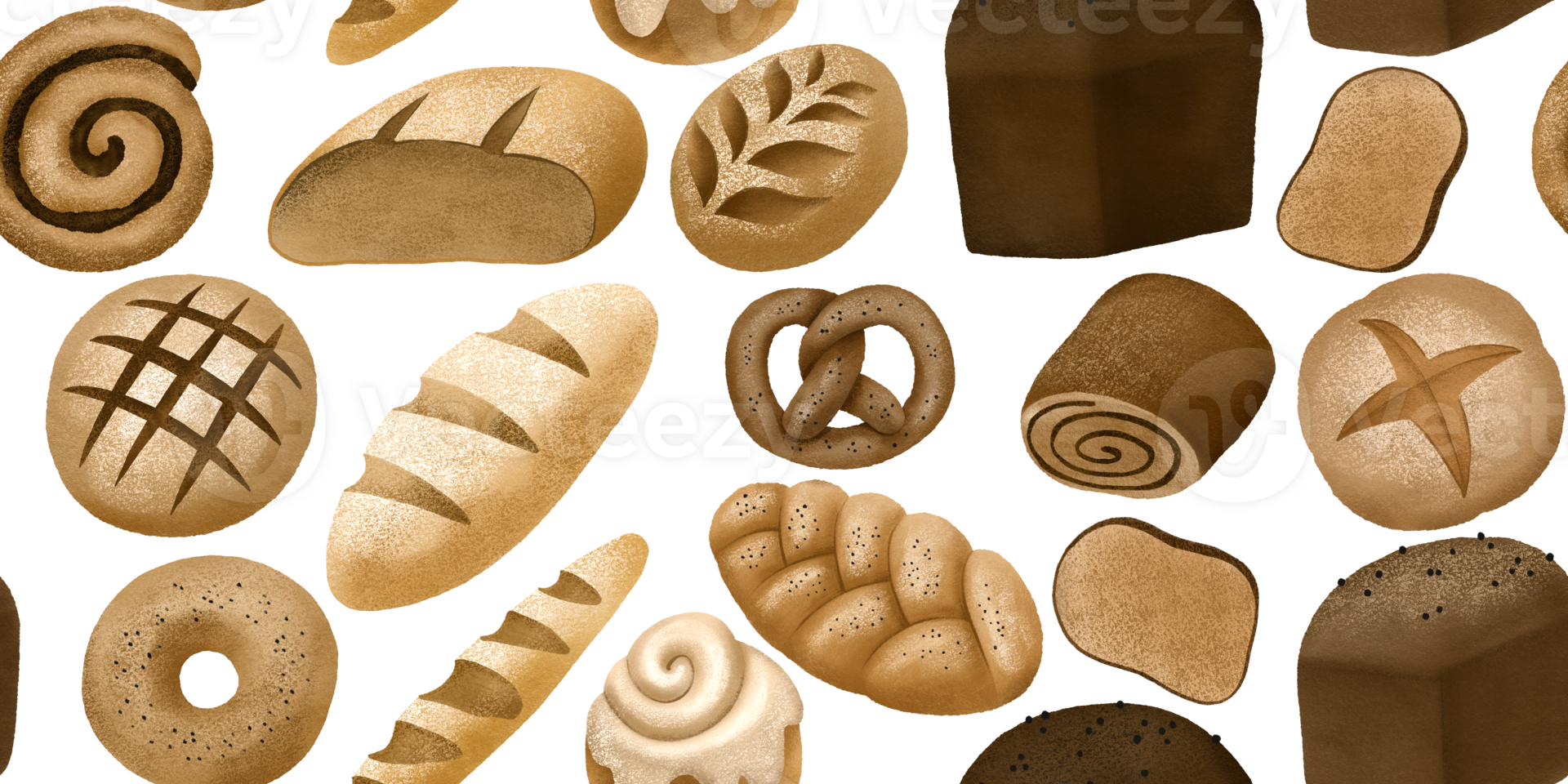 seamless hand drawn pattern with bread.  Illustration of fresh yeast-free sourdough bread. Appetizing baked goods. Hand-drawn design png