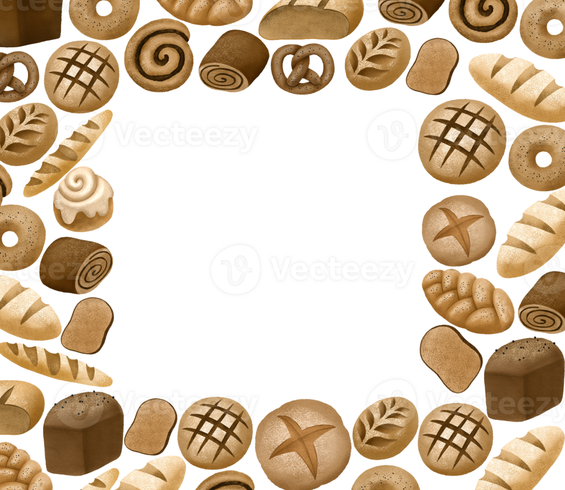 fyrkant gräns ram med bröd. affisch mall med gräns ram tillverkad av utsökt bröd, färsk jästfri surdeg bakad Produkter och ljuv bakverk. hand dragen bageri baner isolerat bakgrund png