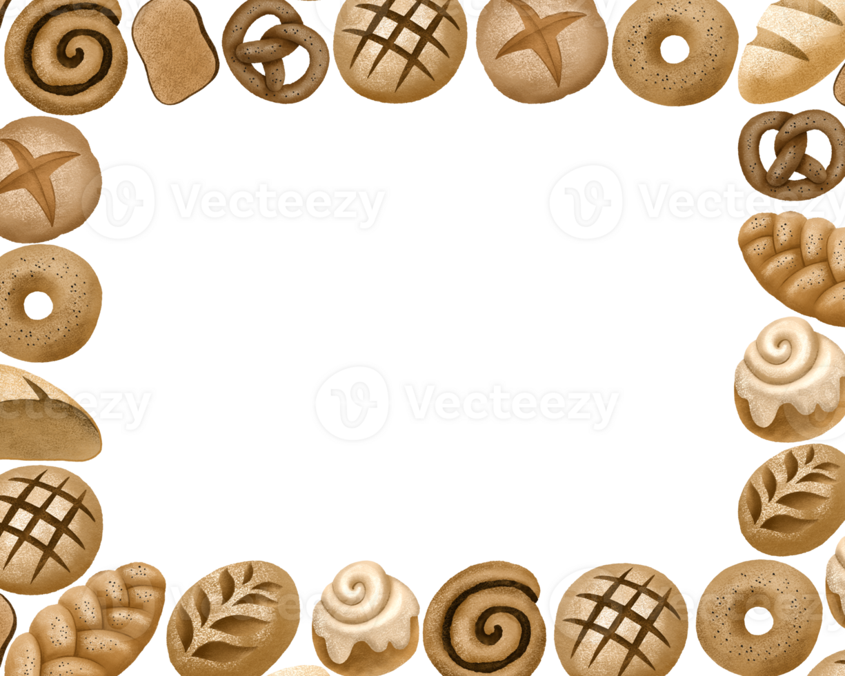 Horizontal border frame with  loaves of bread.   Pastry and bakery food hand drawn frame border.  Bread handmade illustration. Oganic eco food on isolated background. png