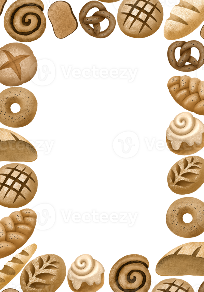 Vertical border frame with  loaves of bread. Hand drawn illustration on isolated background.  Background with space for text. Cooking Bread. Fresh yeast-free sourdough bread png