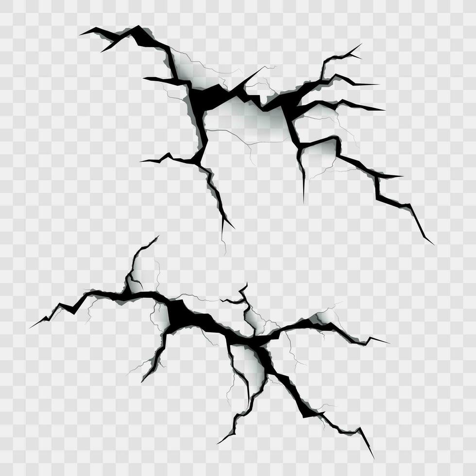 Realistic illustration of cracks. Wall cracks, torn paper, lightning. Crack effect of cracking, shattering, tearing elements on an isolated background vector