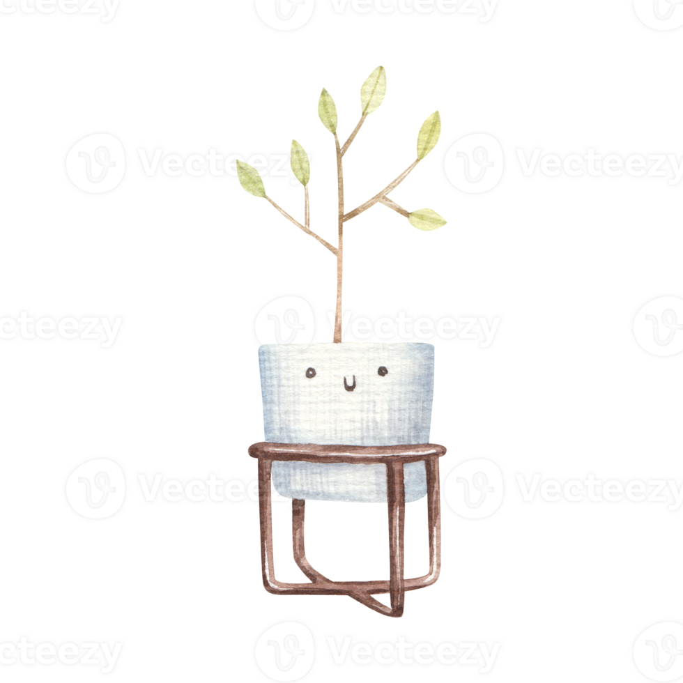 home flower with a twig in a flowerpot with a cute face and eyes, childrens watercolor illustration on a isolated background png