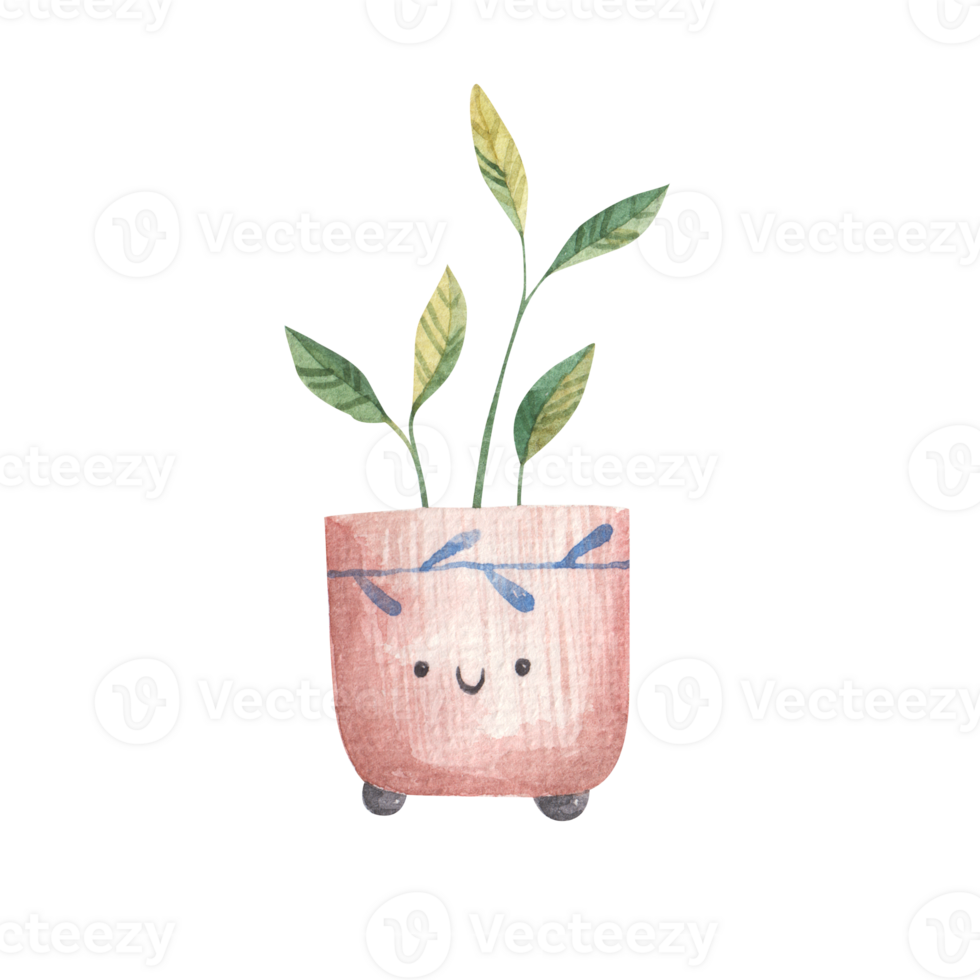 home flower with a twig in a flowerpot with a cute face and eyes, childrens watercolor illustration on a isolated background png