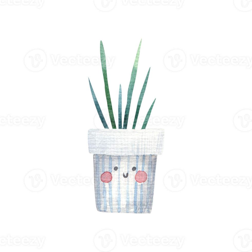 home flower with a twig in a flowerpot with a cute face and eyes, childrens watercolor illustration on a isolated background png
