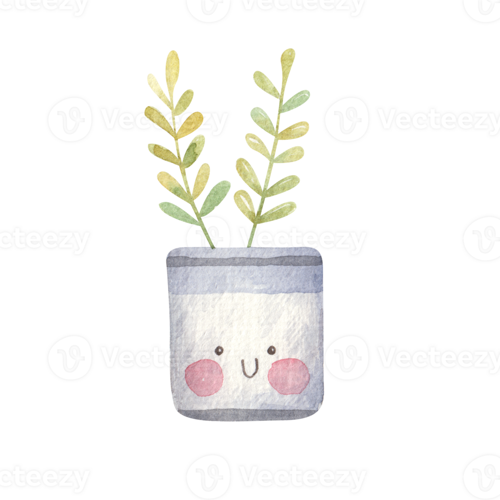 home flower with a twig in a flowerpot with a cute face and eyes, childrens watercolor illustration on a isolated background png