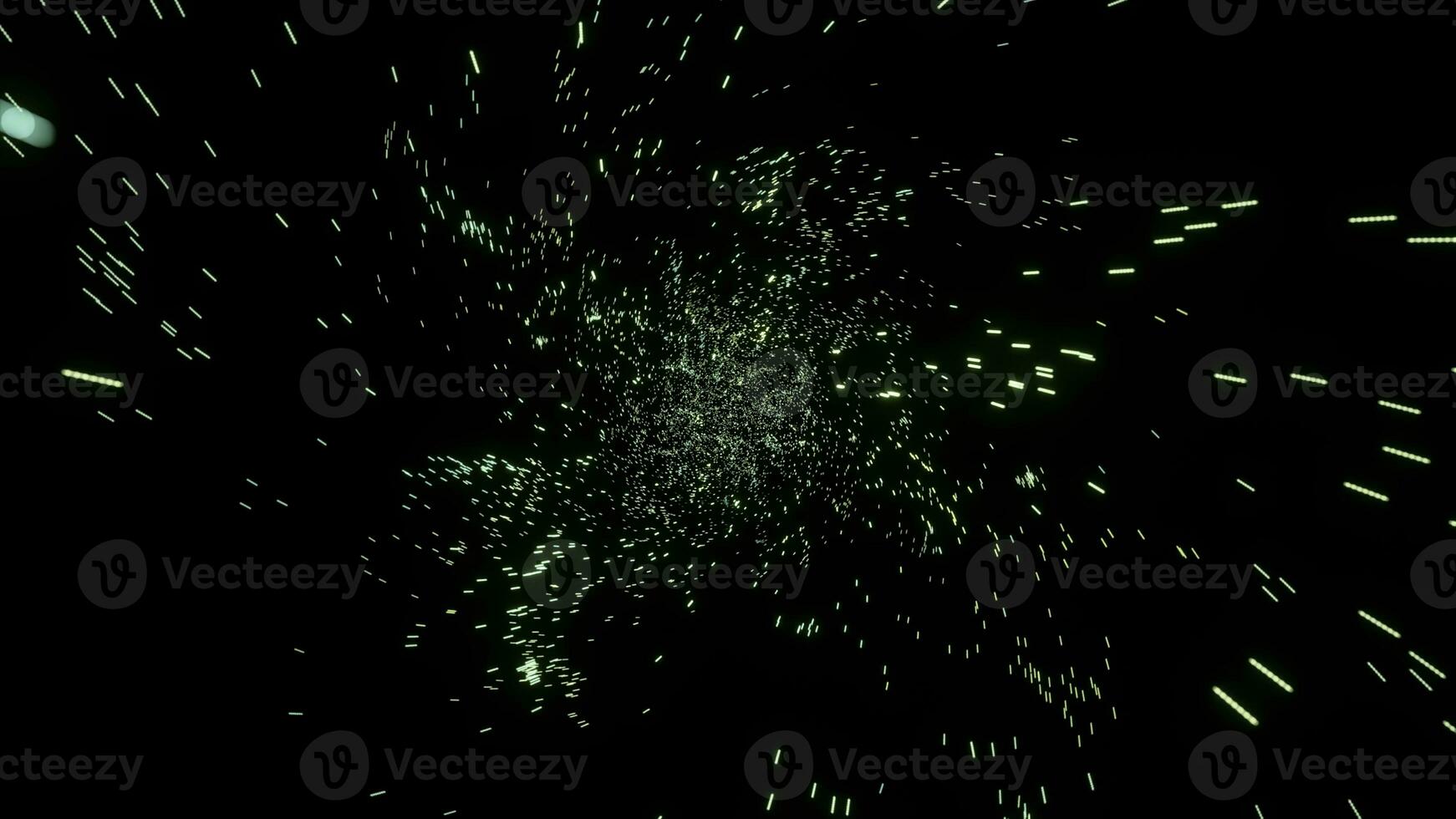 Dark background. Motion.Green flying particles in cartoon animation that create space revolving around. photo