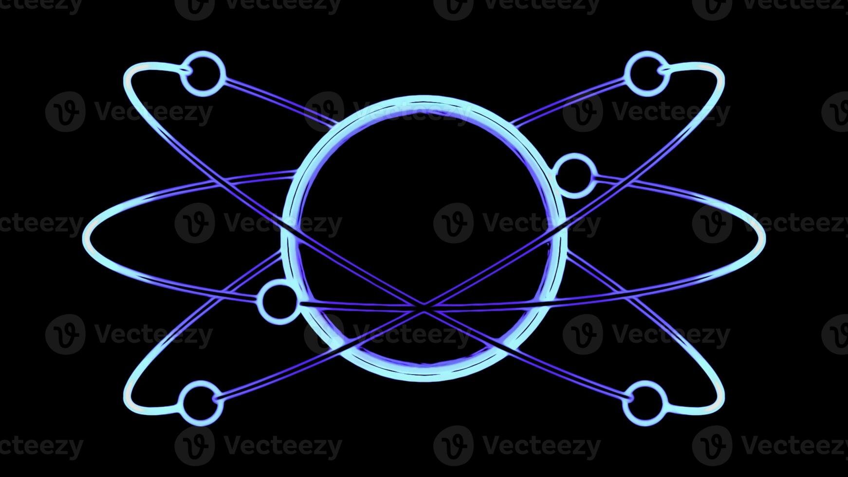 Animation of moving particles in orbit of atom. Design. Simple animation with moving electrons around atom. Trajectory of electrons around atom on black background photo