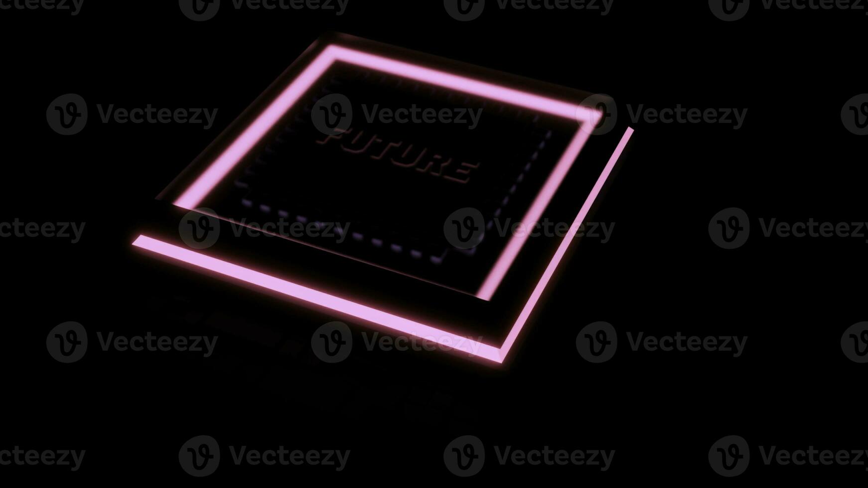 Blue and pink backlit square. Design.Dark background with a square on which the future is written in the animation breaks the floor. photo