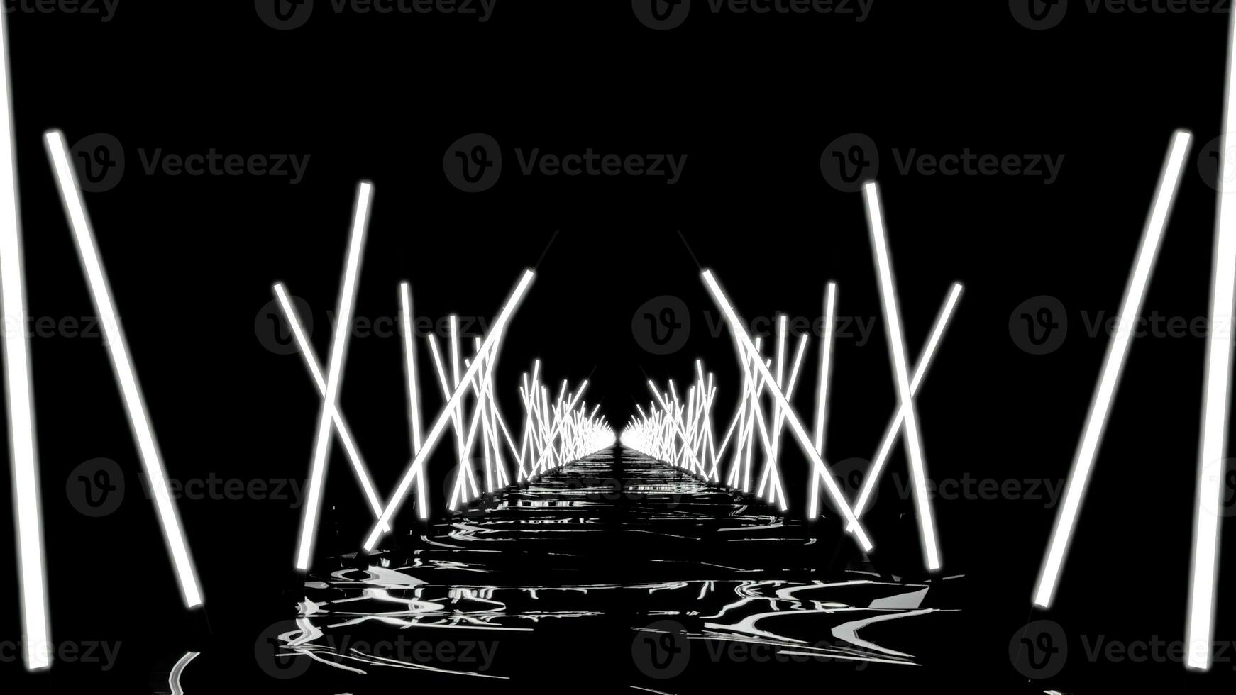 Moving 3d corridor with neon lines in dark. Design. Gloomy path in cyberspace with neon lines. Neon lines illuminate dark path in virtual space photo