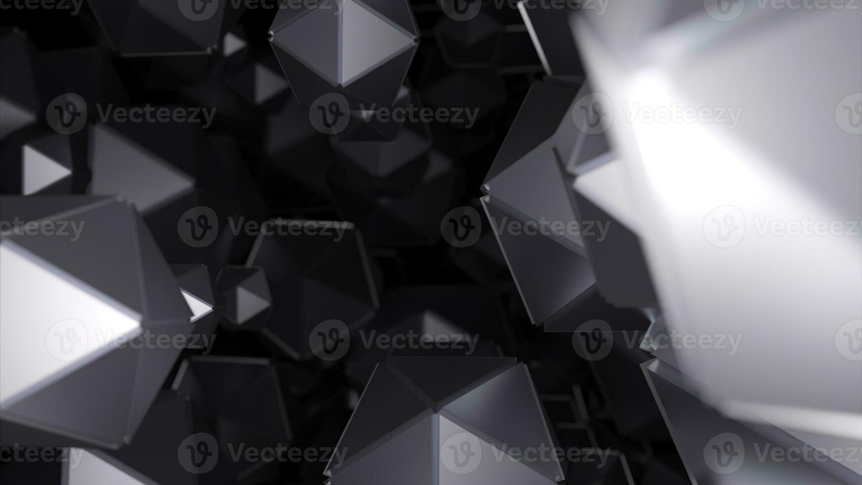 Space with many polygonal shapes. Design. Polygonal geometric shapes move in stream on black background. Lots of geometric 3d shapes in flow photo