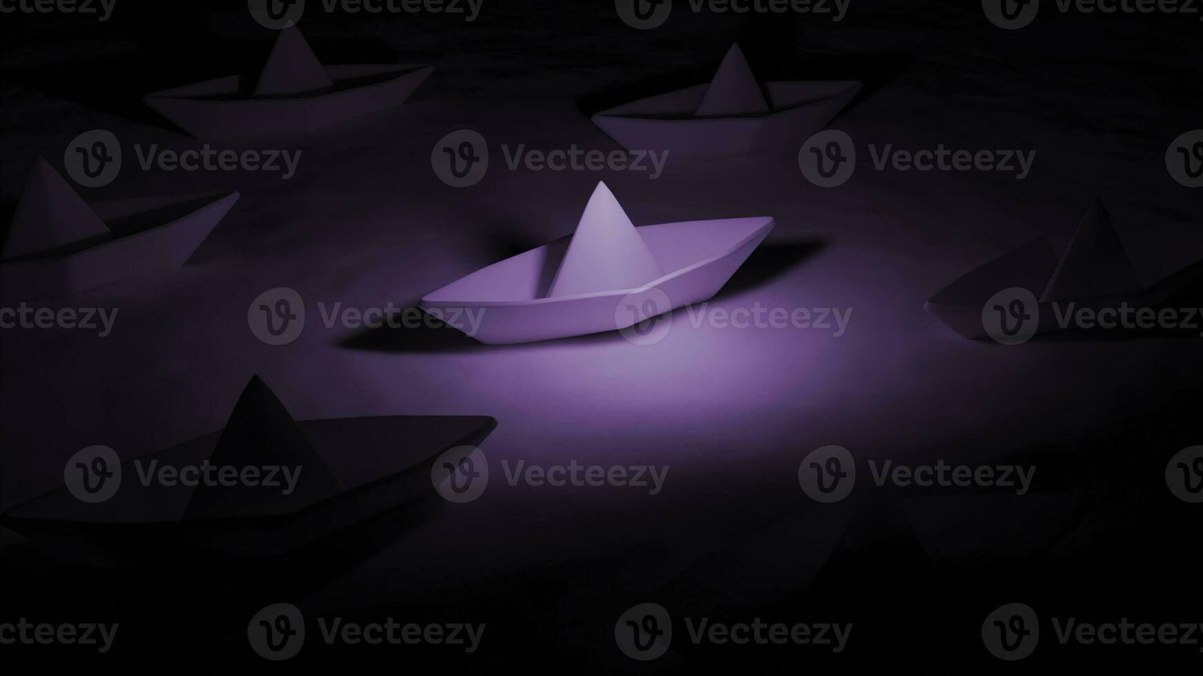 Paper boat in dark space. Design. Paper boats stand on water with colored light. 3D animation with paper boats and dramatic feeling photo