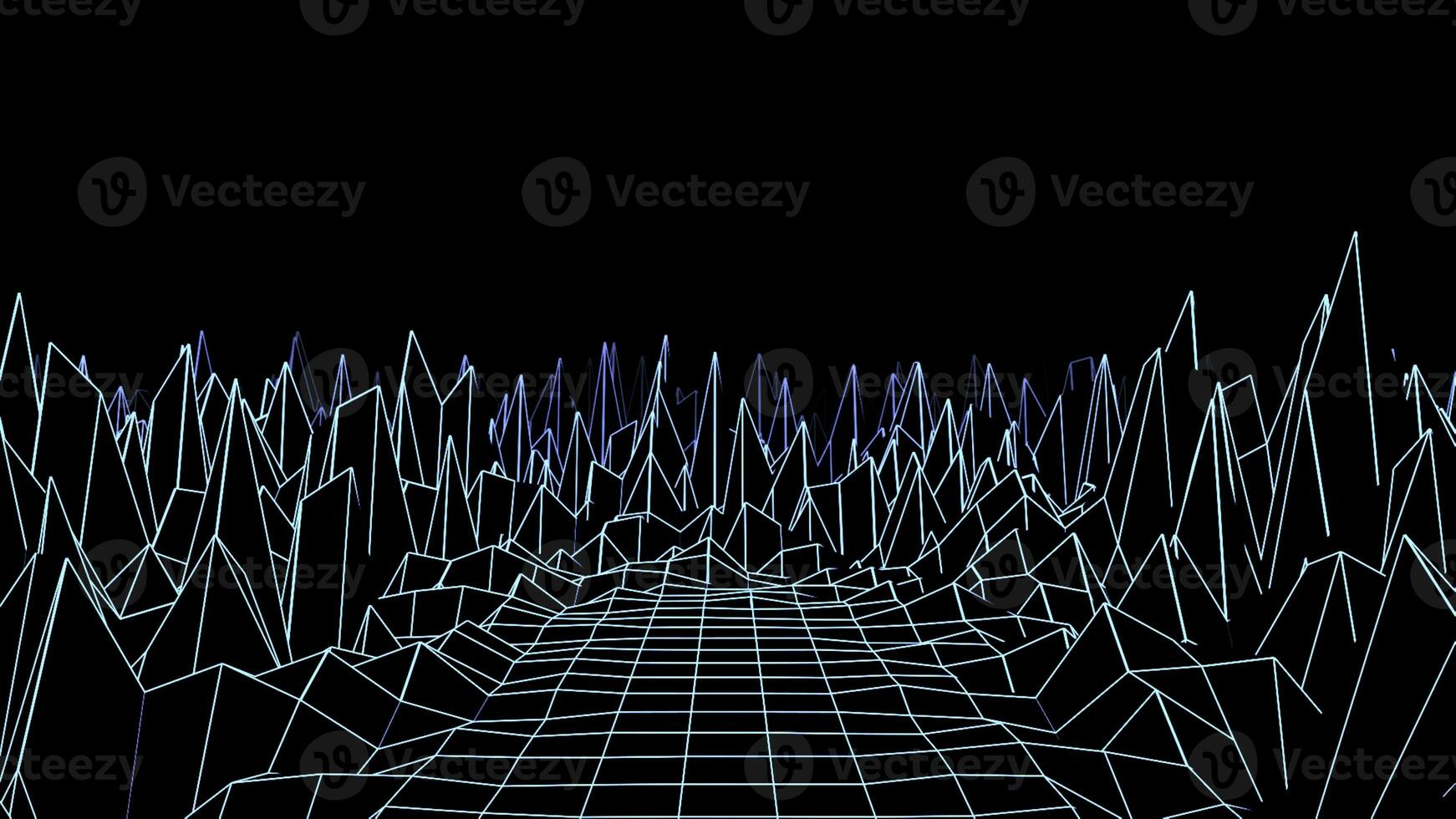 Retrowave travelling landscape with moving cliffs. Animation. Moving along sharp rocks and the lined road, grid on a black background. photo
