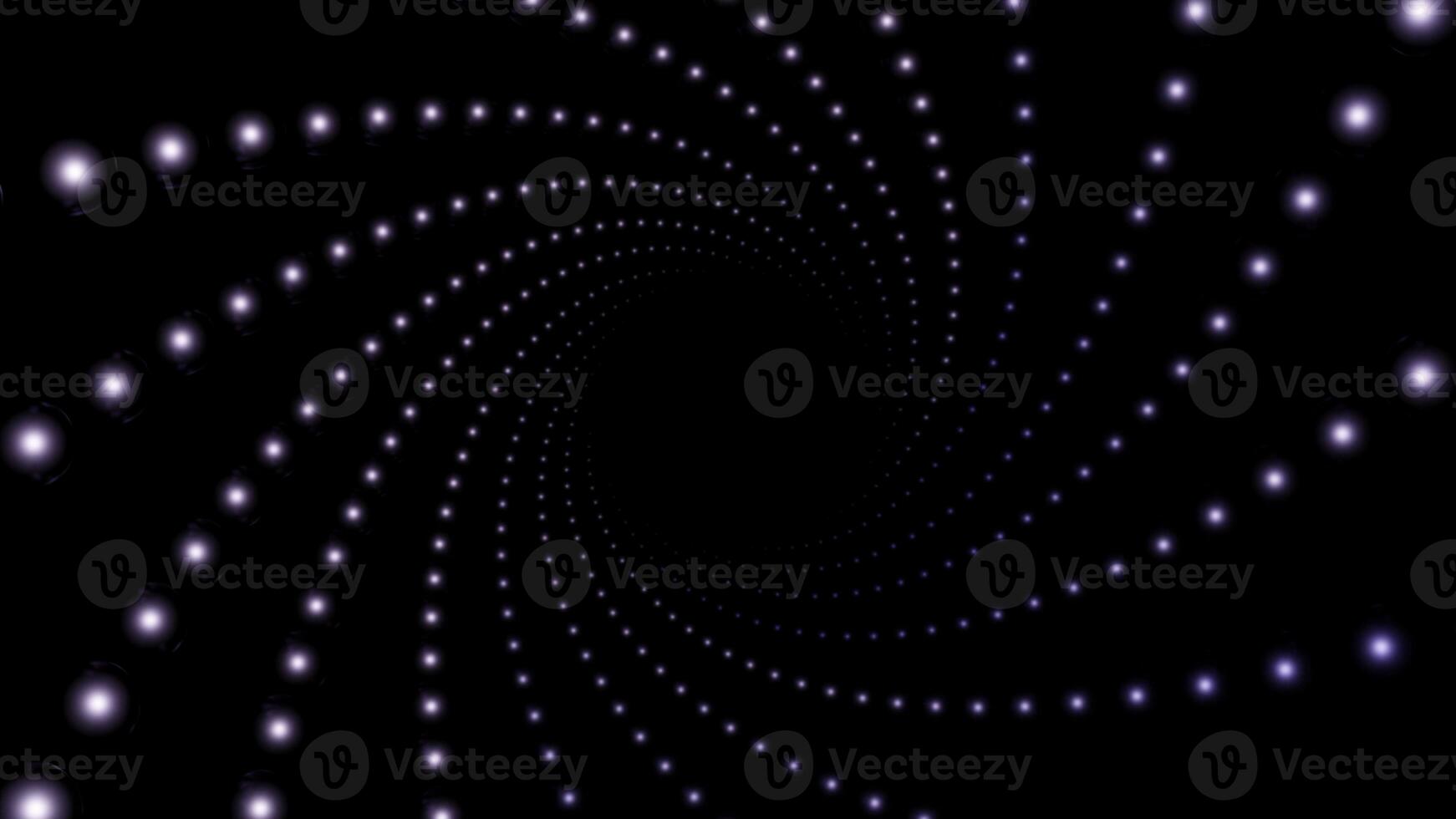 Endless spiral of glowing particles in dark space. Design. Rotating vortex of small circles on a black background, seamless loop. photo