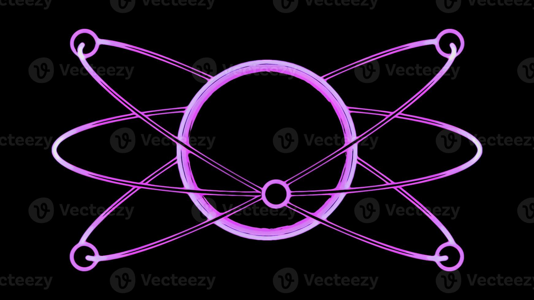 Animation of moving particles in orbit of atom. Design. Simple animation with moving electrons around atom. Trajectory of electrons around atom on black background photo