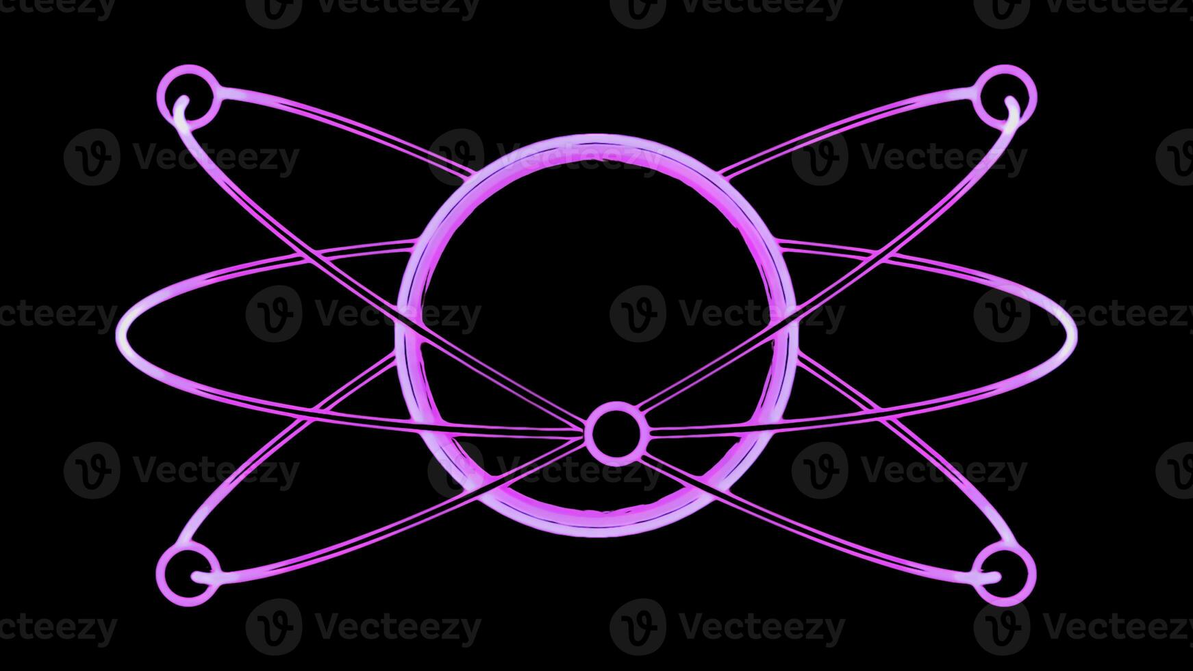 Animation of moving particles in orbit of atom. Design. Simple animation with moving electrons around atom. Trajectory of electrons around atom on black background photo