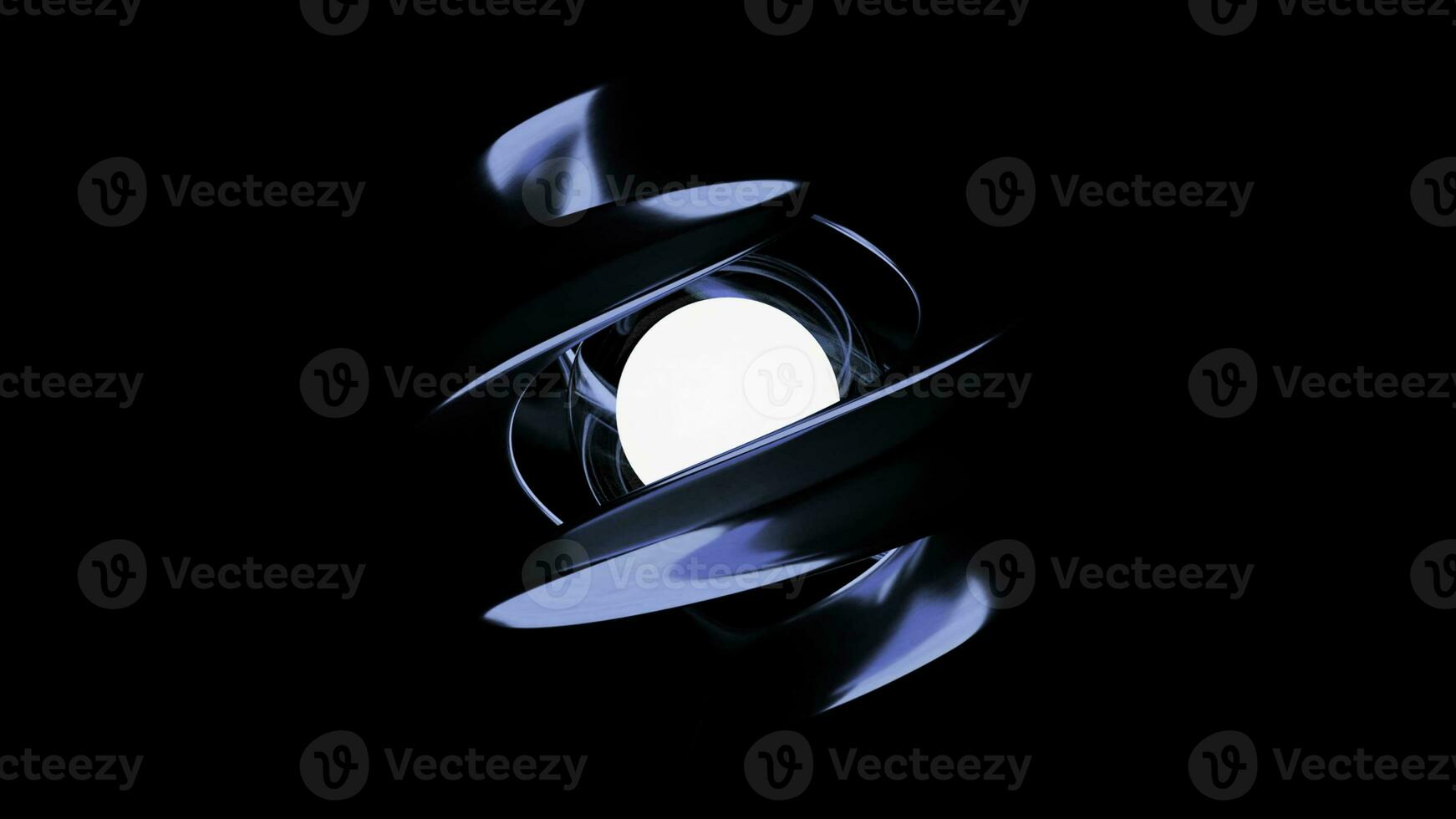 Glowing abstract large metal spiral rotating around a white static sphere. Aesign. A ball surrounded by spinning wide stripes isolated on a black background. photo