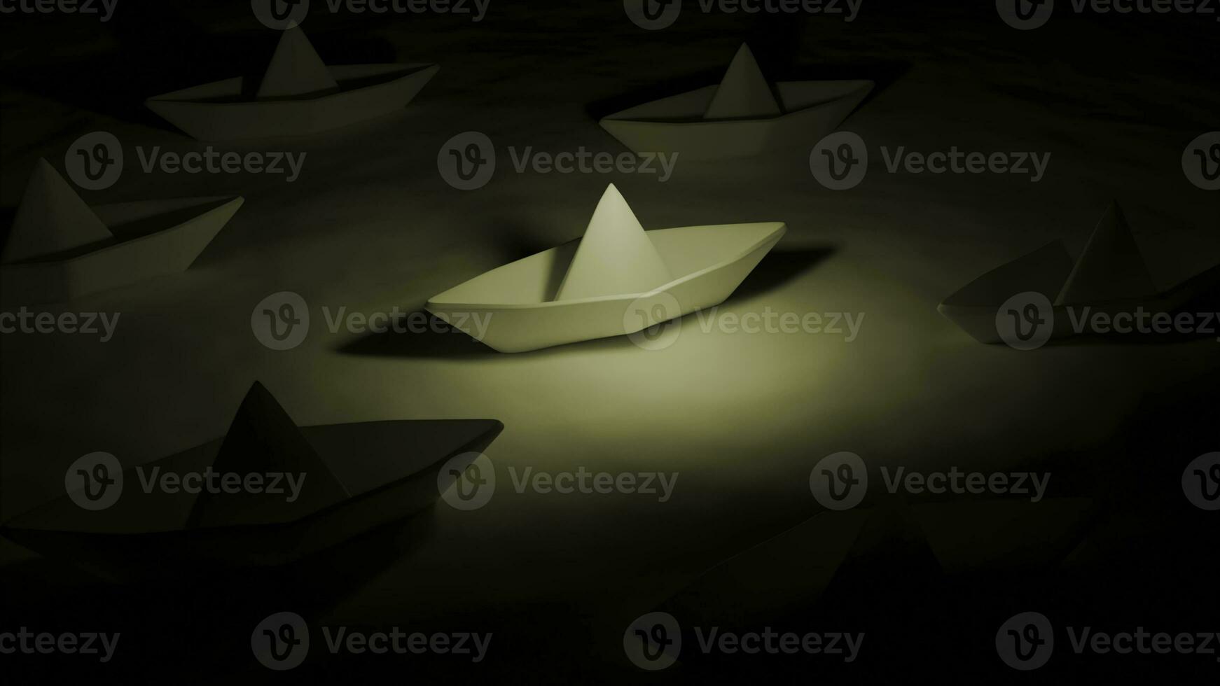 3d paper boats on water. Design. Paper boats move on surface ripples of water. Lots of paper boats on water on black background photo