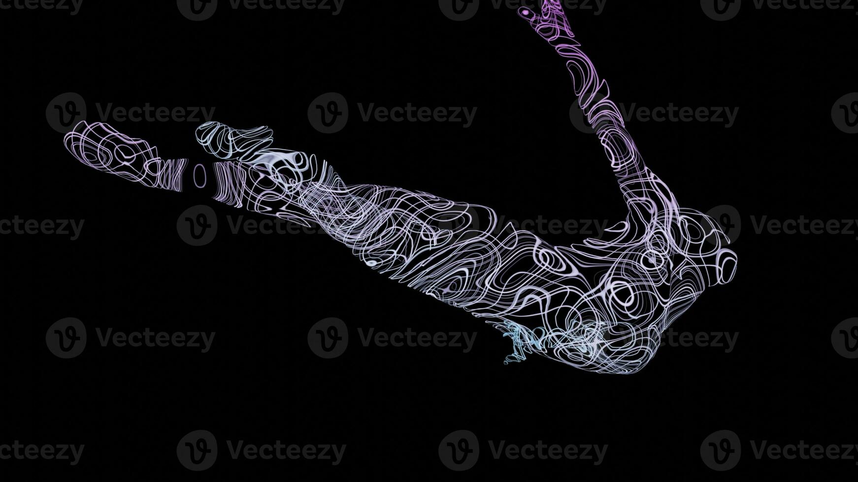 3D man of lines on black background. Design. 3D model of person made of tangled lines rotates in space. Silhouette of man in pose of liberation rotates and disappears photo