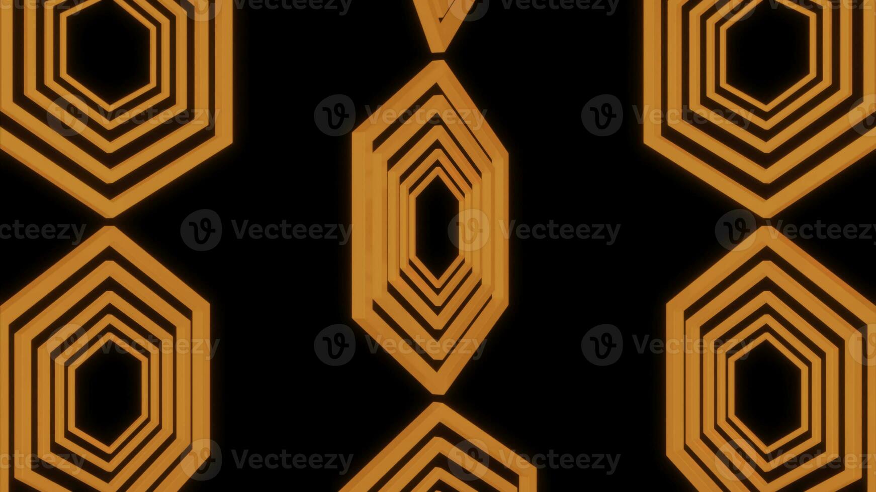 Abstract three vertical rows of orange hexagon silhouettes moving on a black background. Design. Geometric moving pattern of rotating hexagons. photo