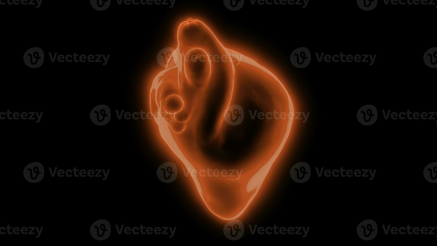 Dark background. Design. A bright red heart made in animation that beats and knocks and rotates to the right. photo