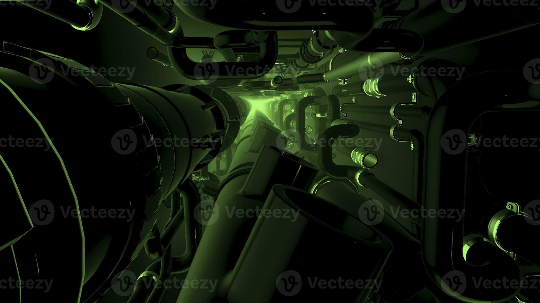 3D animation of technical pipes. Motion. Pipes and parts in sewer corridor. Inside technical part with pipes. Technological and futuristic pipelines photo