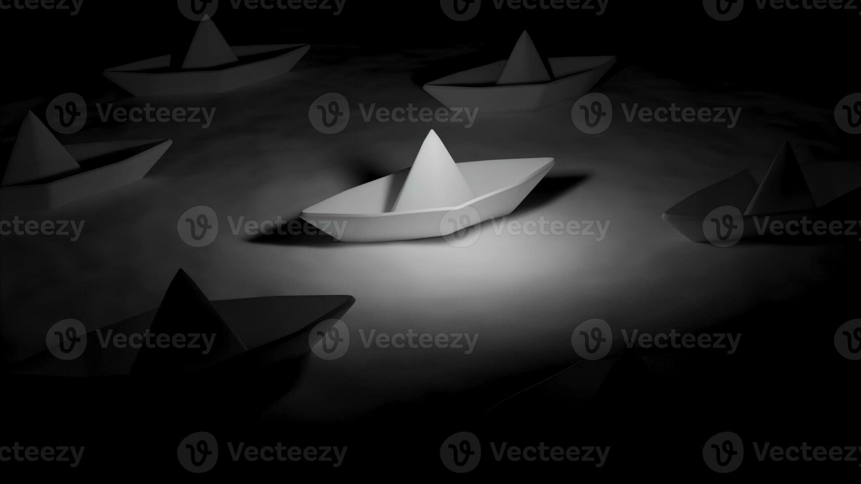 3d Paper boats. Design. Paper boats are standing in water in dark. 3d paper boats on the water surface in dark photo