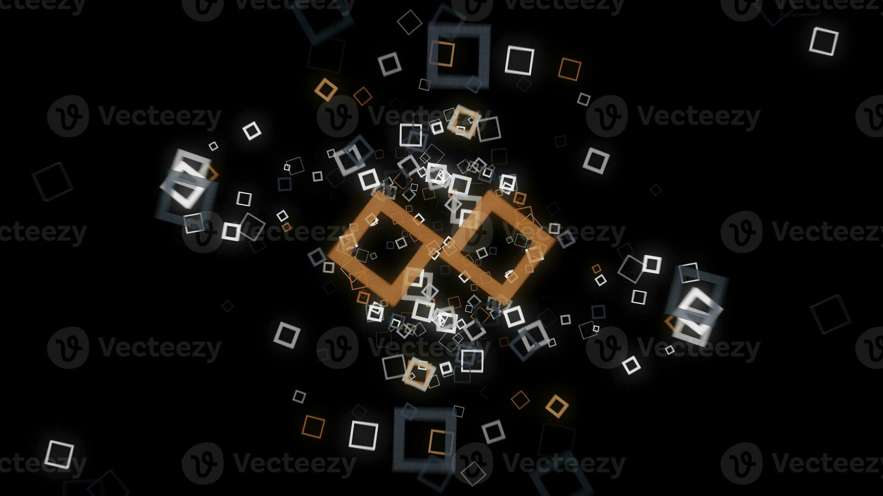 Futuristic background of cubic on black background. Animation. Neon square frames spread out with hypnotic matrix effect on black background photo