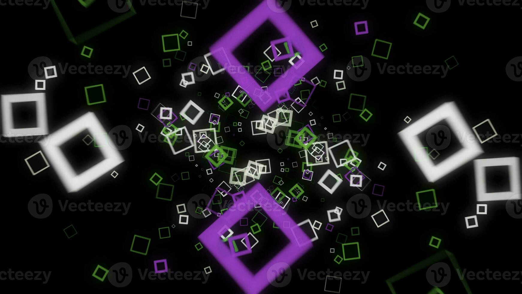 Futuristic background of cubic on black background. Animation. Neon square frames spread out with hypnotic matrix effect on black background photo