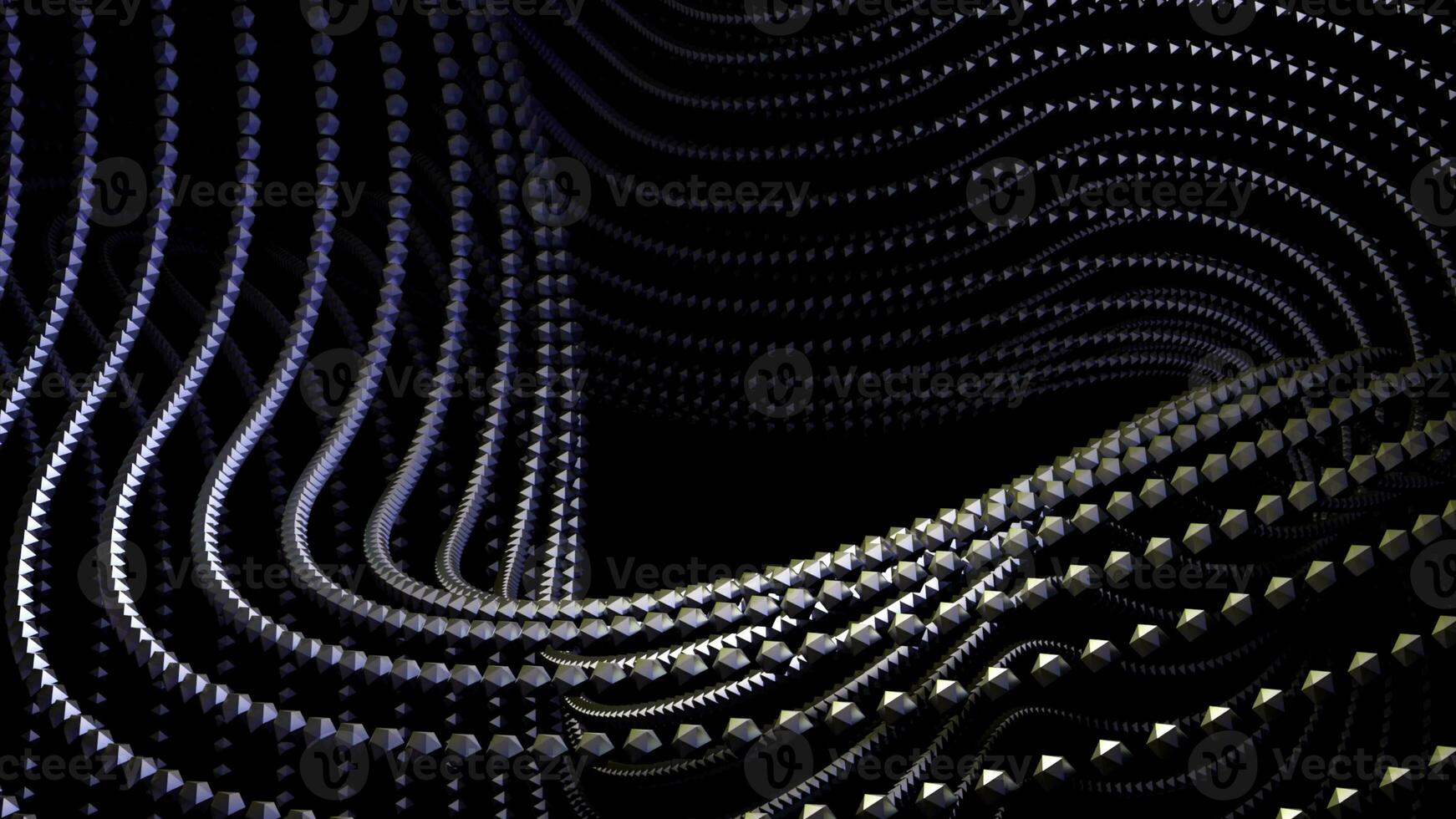 resumen curva y hilado abstracción con filas de minúsculo partículas en un negro antecedentes. diseño. giratorio forma de pequeño puntos. foto