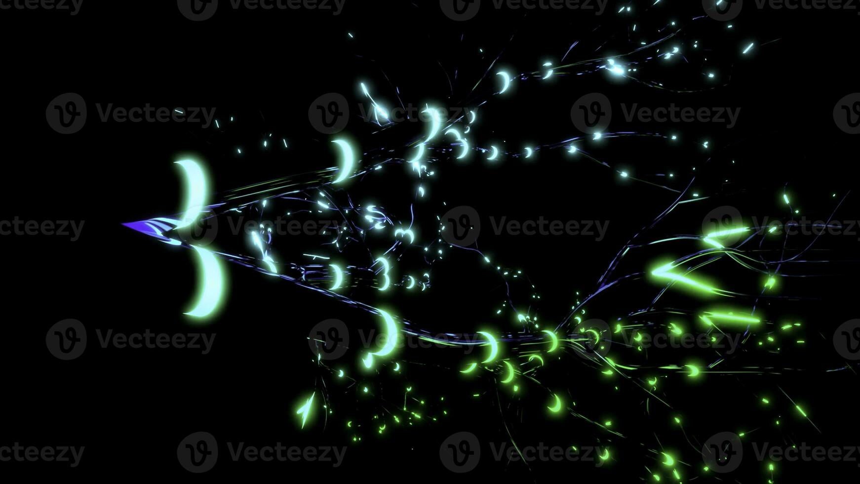 Black background.Design.Green and bright turquoise lines that flow along transparent straight lines in 3d graphics. photo