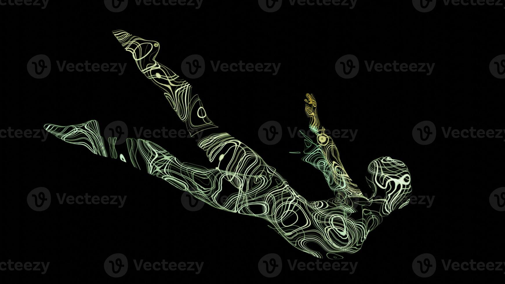 3D man of lines on black background. Design. 3D model of person made of tangled lines rotates in space. Silhouette of man in pose of liberation rotates and disappears photo