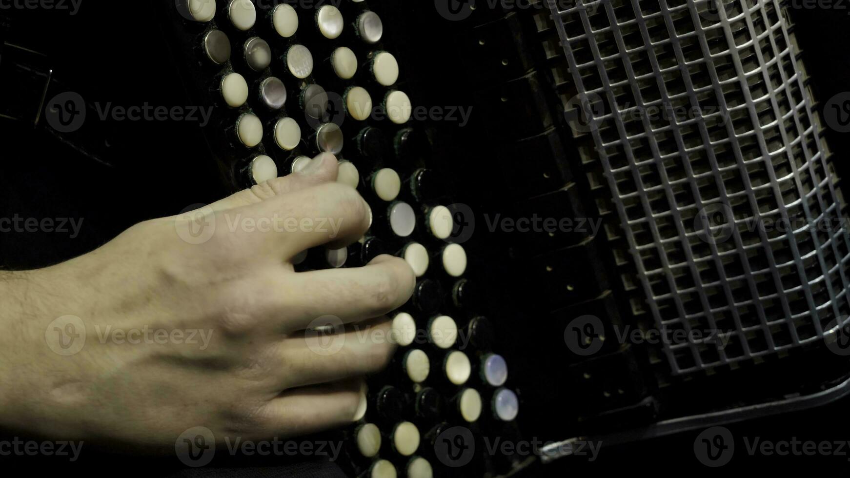 Playing on a big accordion. Playing the harmonica close-up. Old musical instrument Russian bayan - button accordion close-up photo