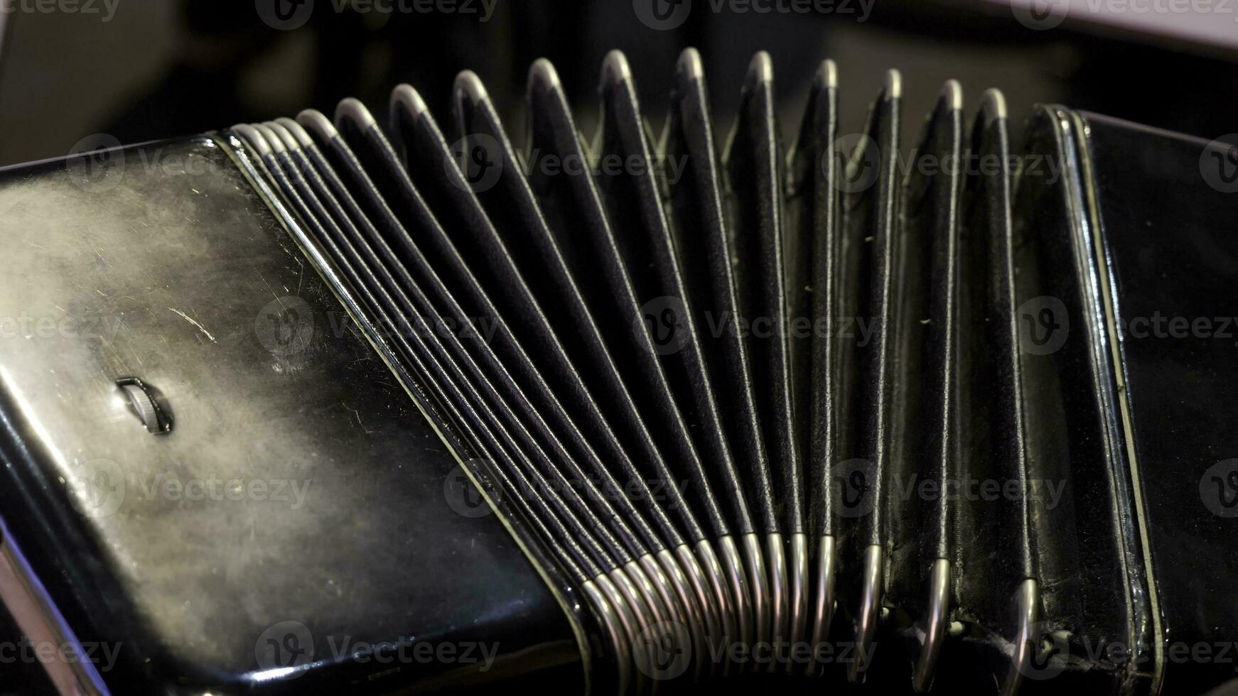 Playing on a big accordion. Playing the harmonica close-up. Old musical instrument Russian bayan - button accordion close-up photo